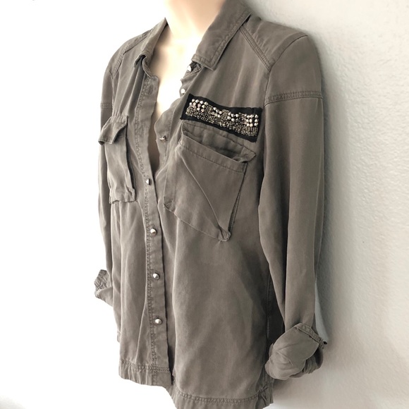 H&M Beaded Olive Military Button Down Shirt - Picture 3 of 8